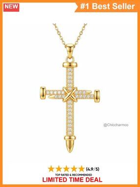 18K Gold Plated Nail Cross Necklace Cubic Zirconia Pendant Christian Gift